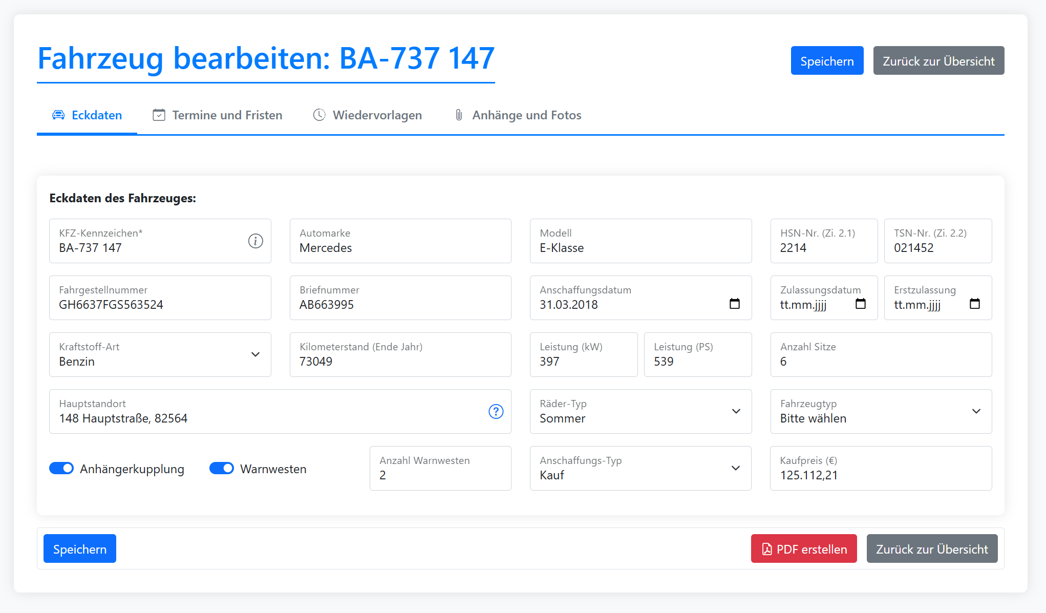 Eckdaten des Fahrzeuges