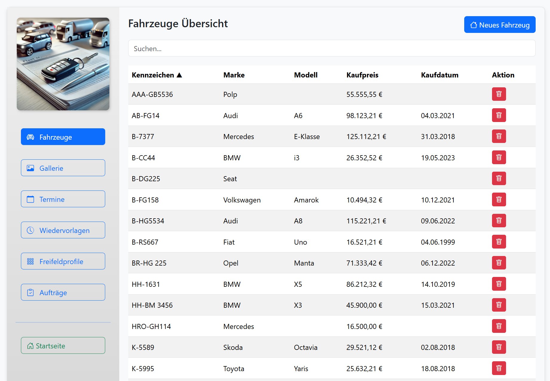 Fahrzeugliste mit Suche
